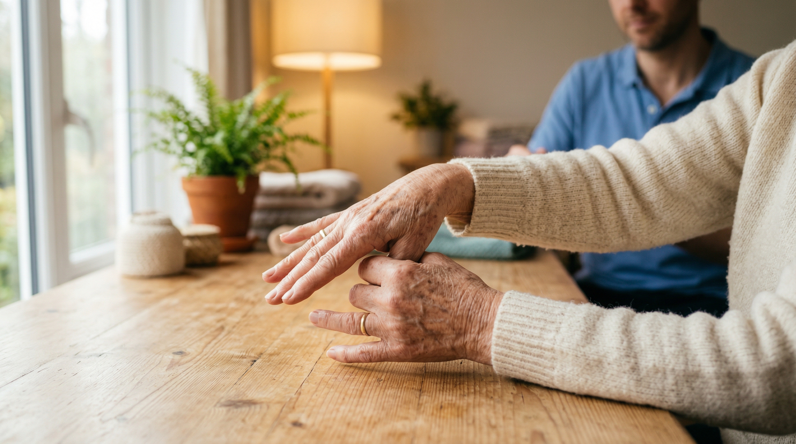 Manos de persona mayor haciendo ejercicios suaves de estiramiento para artritis