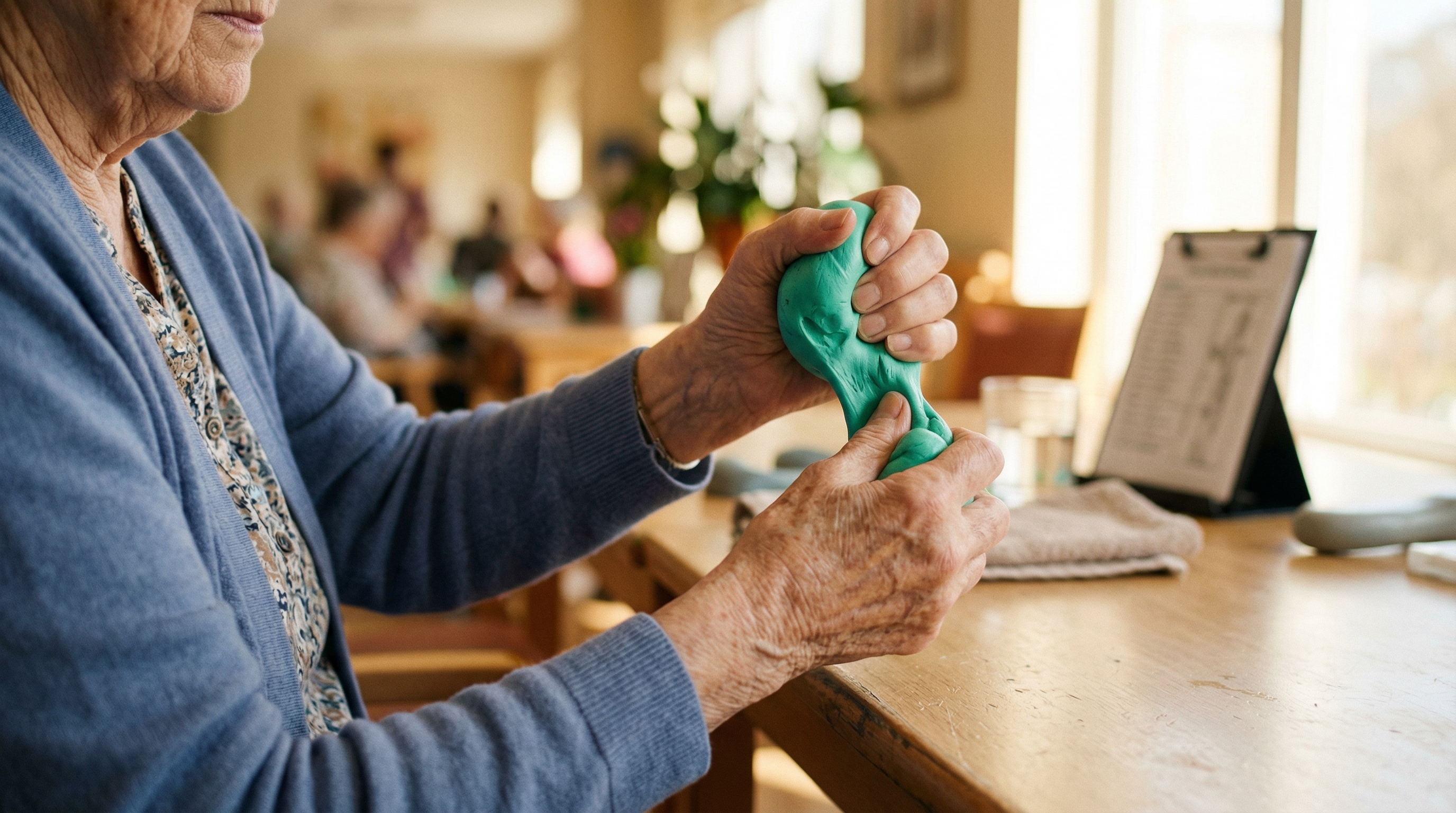 Ejercicios suaves para manos con artrosis usando masilla terapéutica